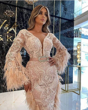 Load image into Gallery viewer, Long Sleeves With Feathers Lace Prom Dresses