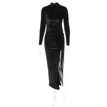 Load image into Gallery viewer, Solid Velvet Long Sleeve Ruched Dress