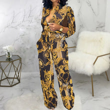Load image into Gallery viewer, Chic Print Tied Waist Long Sleeve Buttoned Jumpsuit