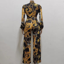 Load image into Gallery viewer, Chic Print Tied Waist Long Sleeve Buttoned Jumpsuit