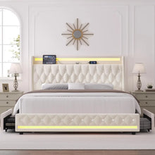 Load image into Gallery viewer, LED Bed Frame Charging Station and 4 Storage Drawers PU Upholstered Platform Bed