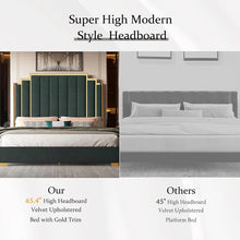 Load image into Gallery viewer, King Size Platform Frame Velvet Bed with Gold Trim Headboard