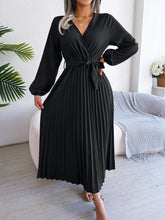 Load image into Gallery viewer, Elegant V Neck Long Sleeve Pleated Maxi Dress