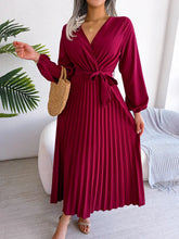 Load image into Gallery viewer, Elegant V Neck Long Sleeve Pleated Maxi Dress