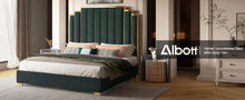 Load image into Gallery viewer, King Size Platform Frame Velvet Bed with Gold Trim Headboard