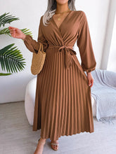 Load image into Gallery viewer, Elegant V Neck Long Sleeve Pleated Maxi Dress