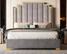 Load image into Gallery viewer, King Size Platform Frame Velvet Bed with Gold Trim Headboard