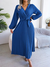 Load image into Gallery viewer, Elegant V Neck Long Sleeve Pleated Maxi Dress