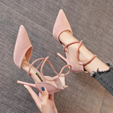Load image into Gallery viewer, Suede Pointed Cross Toe Strap High Heel Shoes
