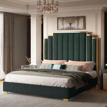 Load image into Gallery viewer, King Size Platform Frame Velvet Bed with Gold Trim Headboard