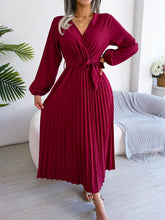 Load image into Gallery viewer, Elegant V Neck Long Sleeve Pleated Maxi Dress