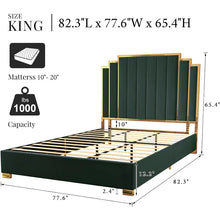 Load image into Gallery viewer, King Size Platform Frame Velvet Bed with Gold Trim Headboard
