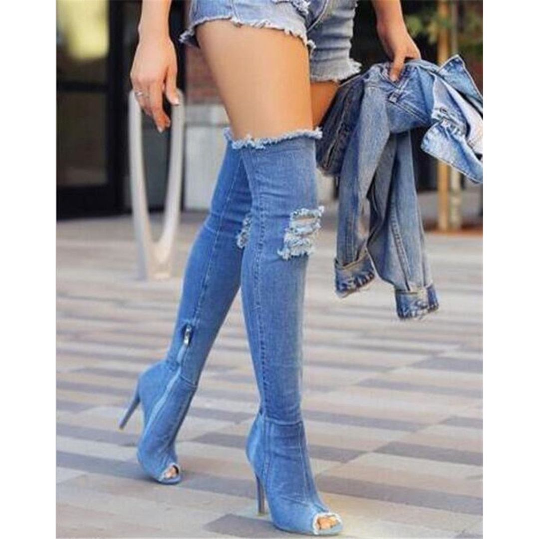 Thigh high blue jean boots sales