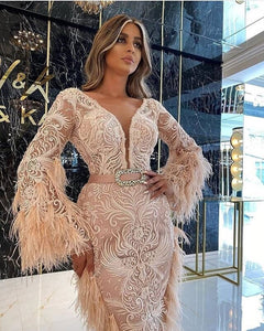 Long Sleeves With Feathers Lace Prom Dresses
