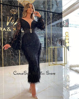 Long Sleeves With Feathers Lace Prom Dresses