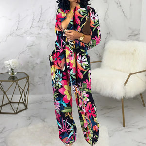 Chic Print Tied Waist Long Sleeve Buttoned Jumpsuit