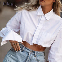 Flare Sleeve Asymmetry White Crop Top