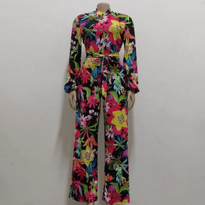 Chic Print Tied Waist Long Sleeve Buttoned Jumpsuit