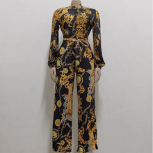 Load image into Gallery viewer, Chic Print Tied Waist Long Sleeve Buttoned Jumpsuit
