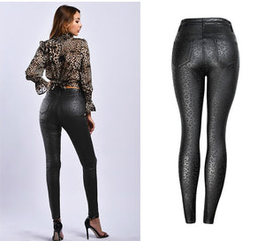 High Waist Leopard Pu Leather Pants