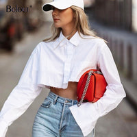 Flare Sleeve Asymmetry White Crop Top
