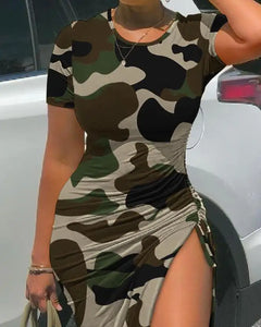 Camouflage Print Drawstring High Slit Dress