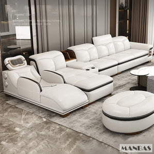 Luxury L-Shaped Genuine Leather Sectional Sofa with Bluetooth Speaker