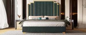 King Size Platform Frame Velvet Bed with Gold Trim Headboard