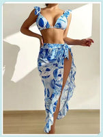 3-Piece Floral Print Knot Front Bikinis