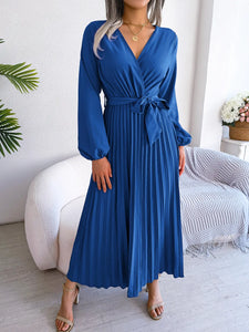 Elegant V Neck Long Sleeve Pleated Maxi Dress