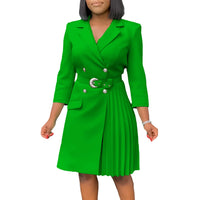 Notched Collar Full Sleeve Sashes Pleated Dress