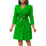 Notched Collar Full Sleeve Sashes Pleated Dress
