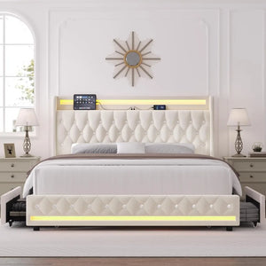 LED Bed Frame Charging Station and 4 Storage Drawers PU Upholstered Platform Bed