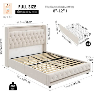 LED Bed Frame Charging Station and 4 Storage Drawers PU Upholstered Platform Bed