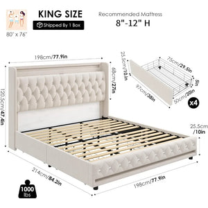 LED Bed Frame Charging Station and 4 Storage Drawers PU Upholstered Platform Bed