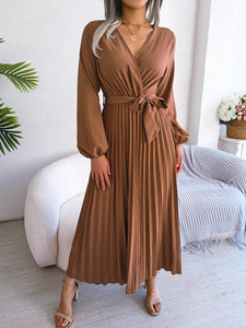 Elegant V Neck Long Sleeve Pleated Maxi Dress