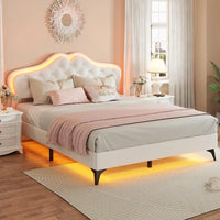 Crystal Button LED Lights Princess Platform Full Size Bed Frame