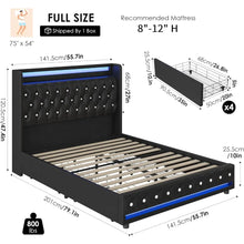 Load image into Gallery viewer, LED Bed Frame Charging Station and 4 Storage Drawers PU Upholstered Platform Bed
