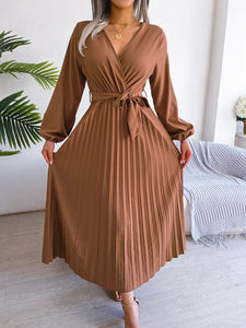 Elegant V Neck Long Sleeve Pleated Maxi Dress