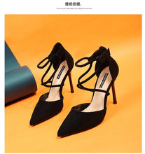 Load image into Gallery viewer, Suede Pointed Cross Toe Strap High Heel Shoes
