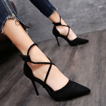 Load image into Gallery viewer, Suede Pointed Cross Toe Strap High Heel Shoes
