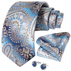 Men's Luxury Floral Neck Ties with Pocket Square and Cufflinks