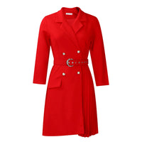 Notched Collar Full Sleeve Sashes Pleated Dress