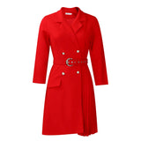 Notched Collar Full Sleeve Sashes Pleated Dress