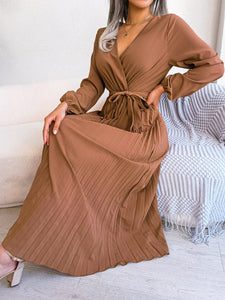 Elegant V Neck Long Sleeve Pleated Maxi Dress