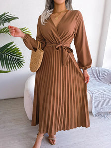 Elegant V Neck Long Sleeve Pleated Maxi Dress