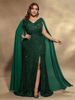 Plus Size Cape Sequin Evening Dress