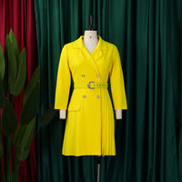 Notched Collar Full Sleeve Sashes Pleated Dress