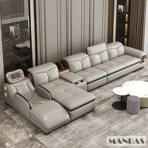 Luxury L-Shaped Genuine Leather Sectional Sofa with Bluetooth Speaker