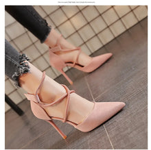 Load image into Gallery viewer, Suede Pointed Cross Toe Strap High Heel Shoes
